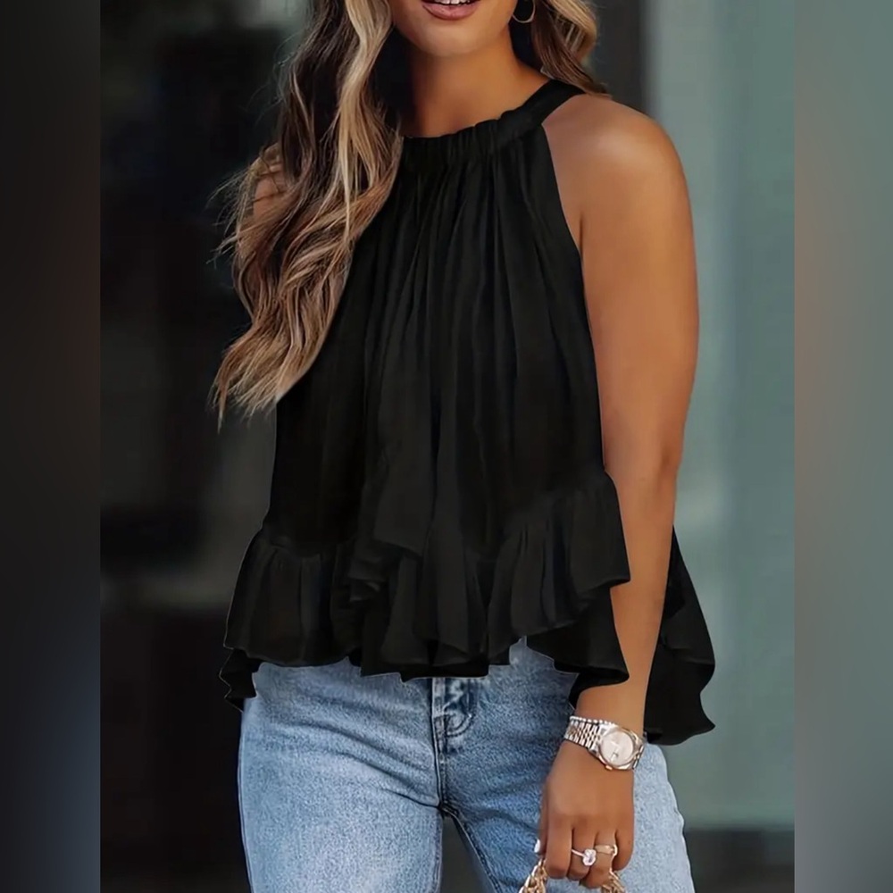 Sleeveless Ruffle Trim Top